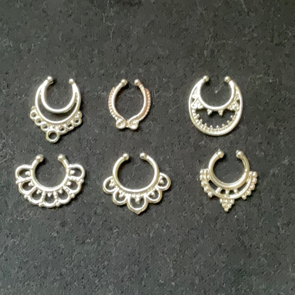 Nose Ring Fake Septum Clicker Set of Six in Silver Colored Finish